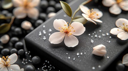Fototapeta premium Delicate blossoms on a textured surface, adorned with beads, creating a serene ambiance.