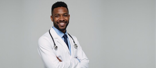 A smiling doctor in white coat with stethoscope African-American male