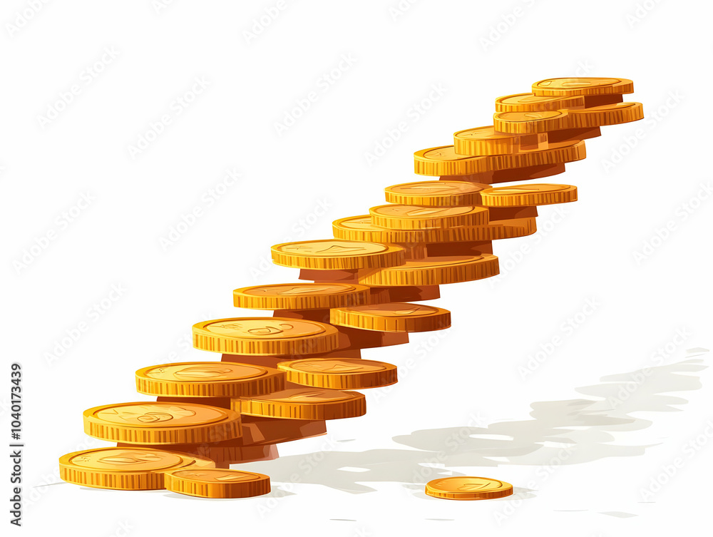 Poster flat floating coin staircase ascending isolated white background vector illustration symbolizing fin