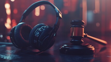 Music copyright law concept Headphones and judge gavel background with copyspace Music piracy and owners rights : Generative AI