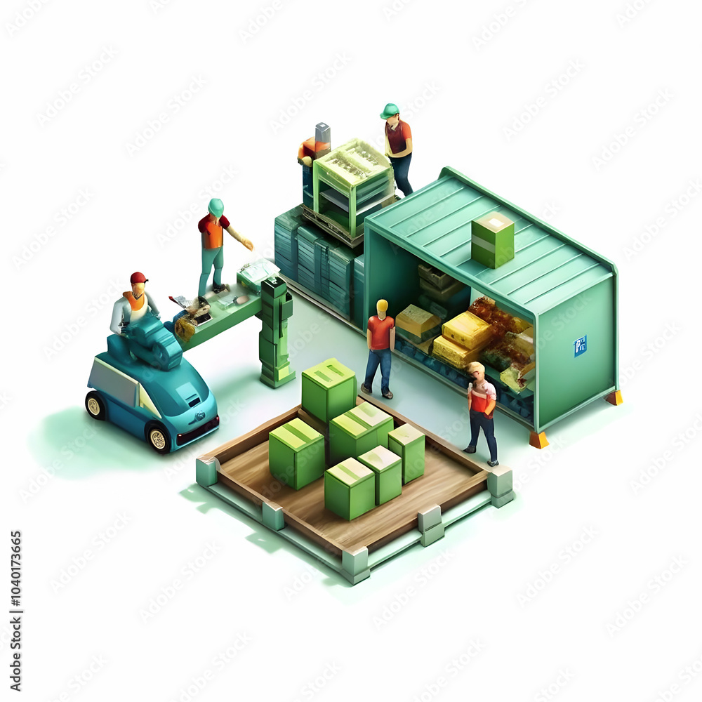 Poster logistics employees collaborating with robotic systems in warehouse for efficient package sorting an