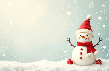 Obraz premium Happy snowman in a red scarf and hat stands in the snow with Christmas ornaments, snowflakes, and soft light