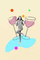 Vertical photo collage of happy girl dance weekend alcohol occasion toast liqueur beverage addiction isolated on painted background