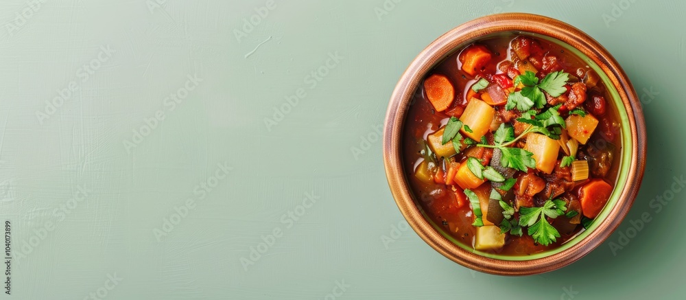 Aufkleber top down view of a delicious homemade vegetable stew on a light green surface providing ample space 
