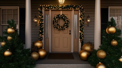 A front door adorned with a gold, silver, and beige wreath and garland, flanked by lanterns that create a cozy winter atmosphere