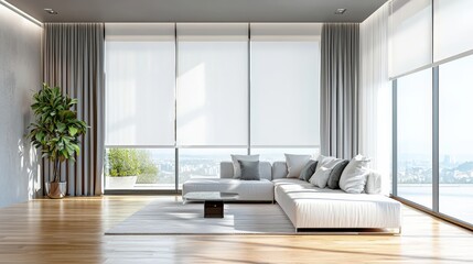 Fototapeta premium A large white couch sits in front of a window with a view of the city