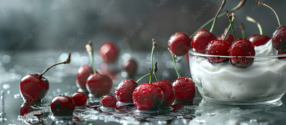Poster close up of spilled lotion on a glass container with red cherries as focus in a copy space image