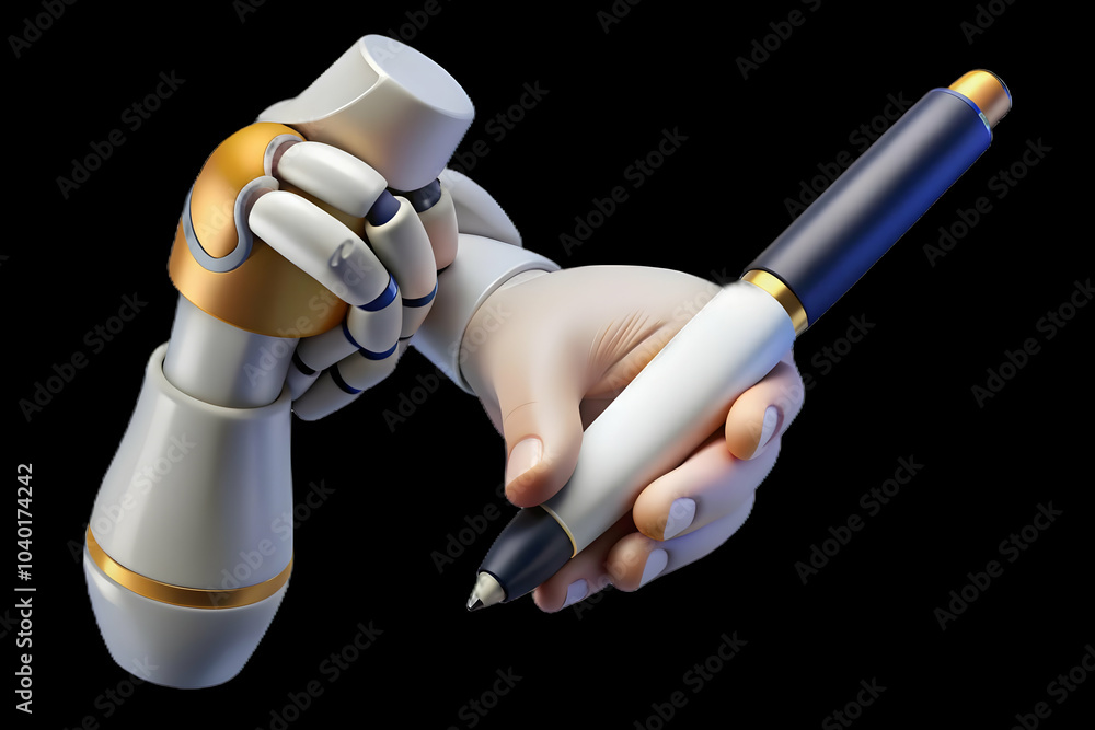 Poster close up human hand robotic hand touching globe macro shot symbolizing global collaboration unity hu
