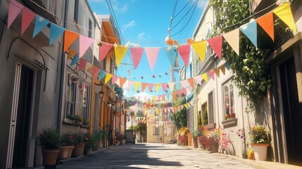 Fototapeta premium Neighborhood block party with colorful bunting and banners, with copy space