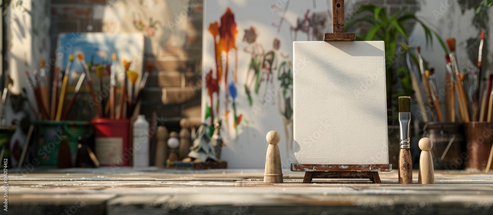Poster artistic creativity concept featuring a mini canvas wooden figures and paintbrushes in a setup ideal