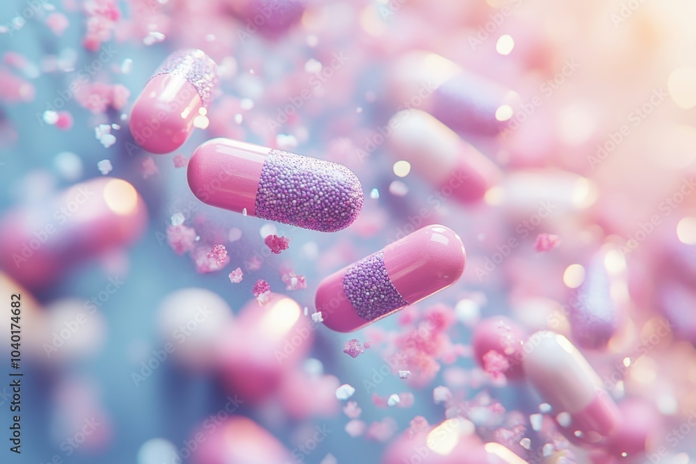 Poster colorful capsules floating in a soft background during a serene afternoon light display