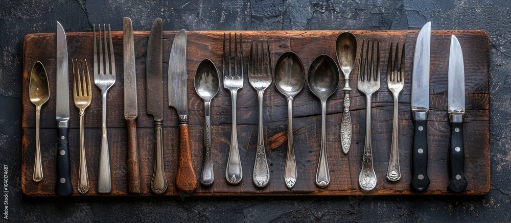 Aufkleber cutlery arranged neatly on an empty wooden cutting board displayed against a dark textured concrete 