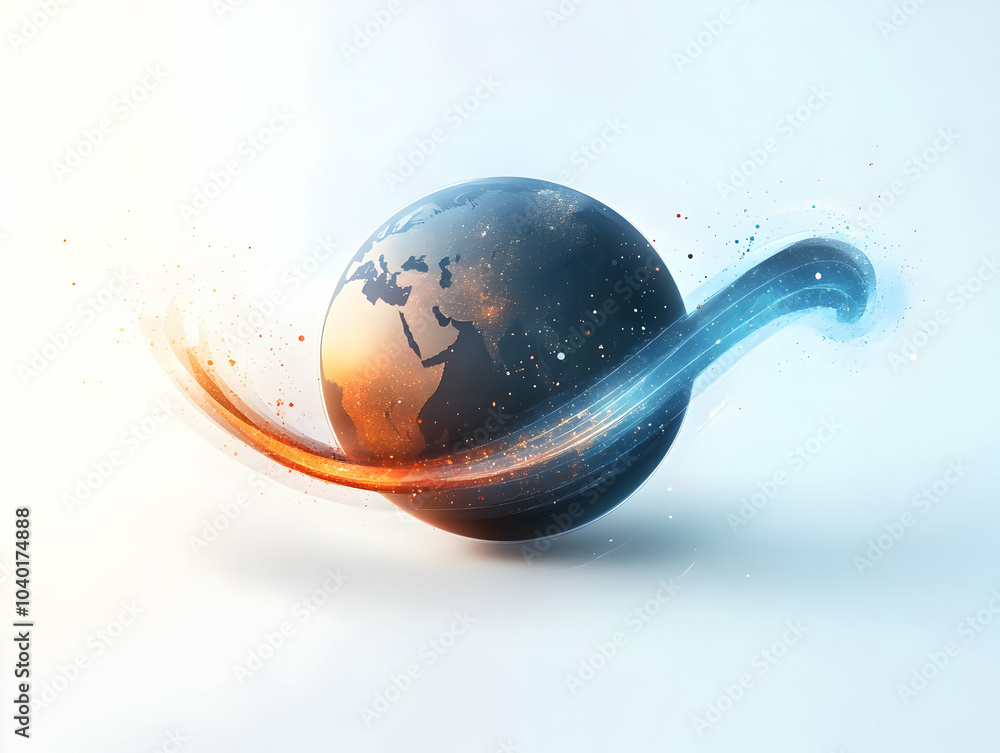 Poster flat abstract light trails around earth concept with soft bokeh effects symbolizing global connectiv
