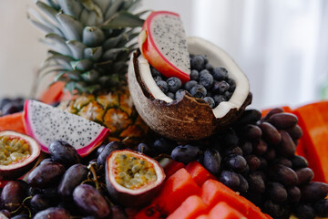 exotic and tropical fruits on table, fruit decoration