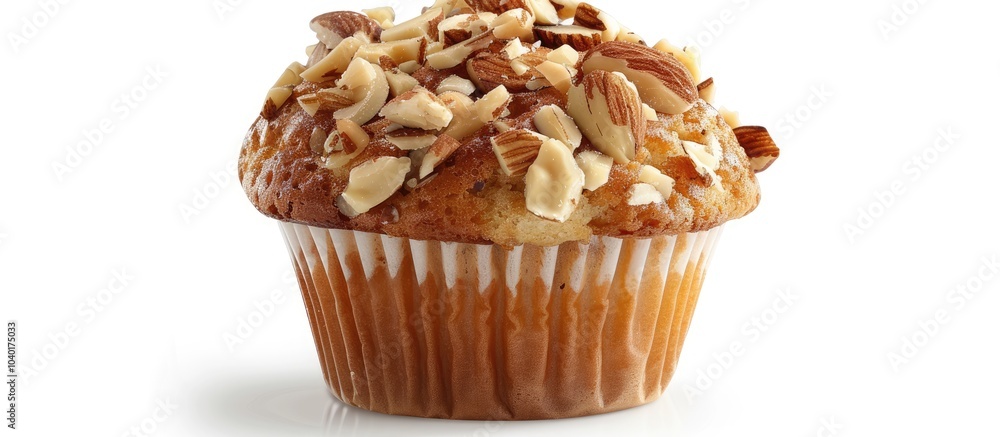 Poster a muffin topped with almonds stands alone against a white backdrop with defined edges for easy extra