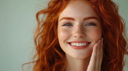 Naklejka premium A woman with red hair and a big smile. She is holding her hand up to her face
