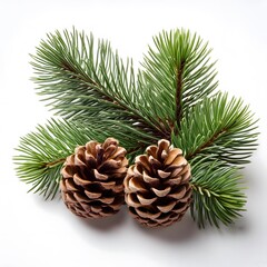 Close-up of  pine cones and a pine branch isolated on a white background, evoking a natural and festive atmosphere.