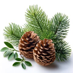 Close-up of  pine cones and a pine branch isolated on a white background, evoking a natural and festive atmosphere.