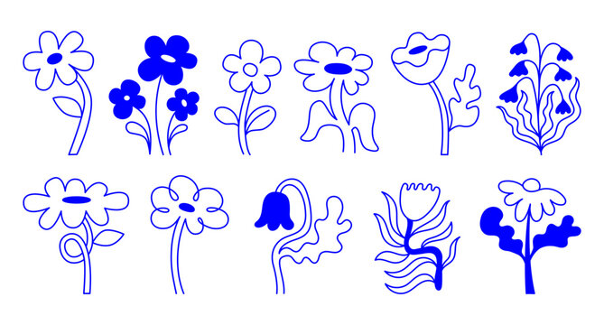 Vector set of minimalist design elements, flowers, doodles, scribbles - abstract background elements for branding, packaging, prints and social media posts