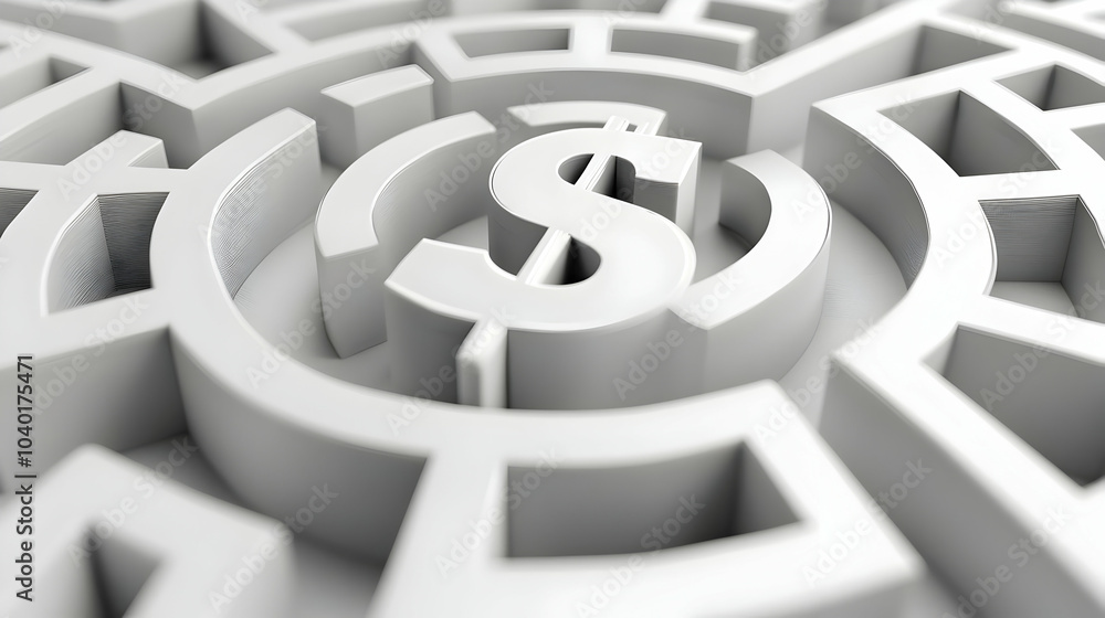 Poster 3d maze vector with dollar sign center, circular maze design, multiple paths with successful routes 
