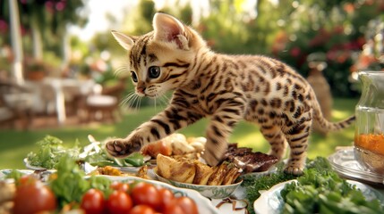 A kitten exploring a decorated yard during a summer BBQ , High-resolution,Ultra-realistic,Crystal-clear