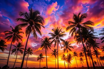 Obraz premium Palms Silhouettes Against a Vibrant Sunset Sky – Tropical Paradise Landscape