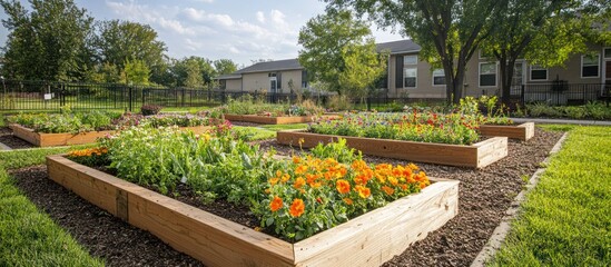 A beautiful garden with blooming flowers and wooden raised beds.
