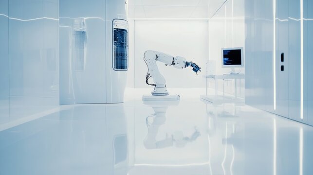 A robot managing high-tech cleanroom operations in a futuristic semiconductor fabrication facility with precise air filtration systems, clean and sterile environment, Semiconductor-tech style