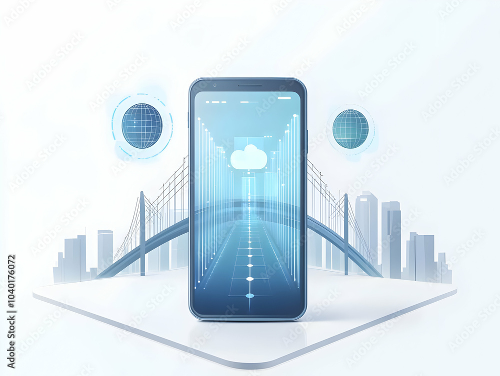 Poster flat smartphone holographic bridge globe concept glossy surface iconic global connections front faci