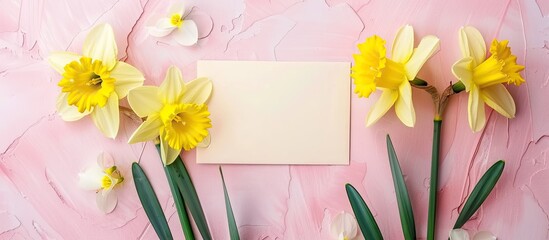 Top view of a composition featuring daffodil flowers on a pink background with a blank card perfect for copy space image