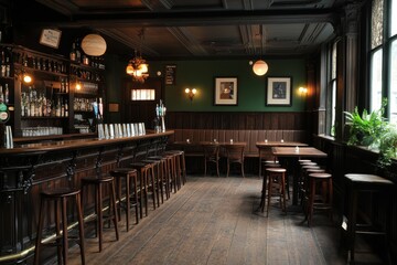 Cozy Pub Nook Atmospheric Wide-Angle Shot of Rustic Wooden Bar Counter in Dimly Lit Bar Interior with Green Wall, Leather Booth, and Cityscape View - Classic Charm and Inviting Ambiance