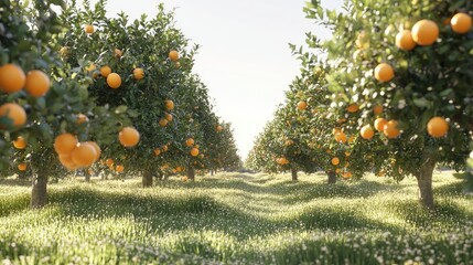 Lush orange orchard with trees heavy with ripe oranges, representing the freshness and bounty of the harvest, set against white
