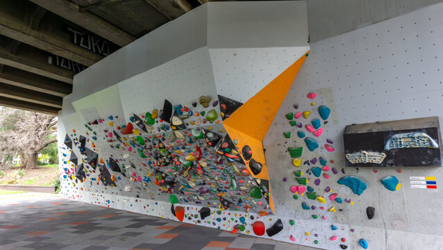 Climbing / bouldering wall under a bridge