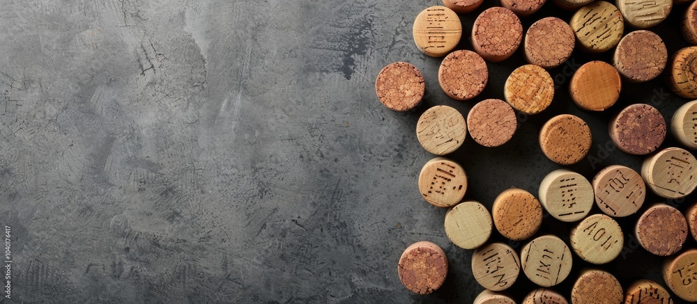 Poster top down view of grape shaped wine corks against a gray backdrop offering ample copy space image
