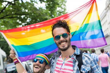 Joyful celebration at a vibrant gay pride parade with a loving couple proudly displaying their rainbow flag
