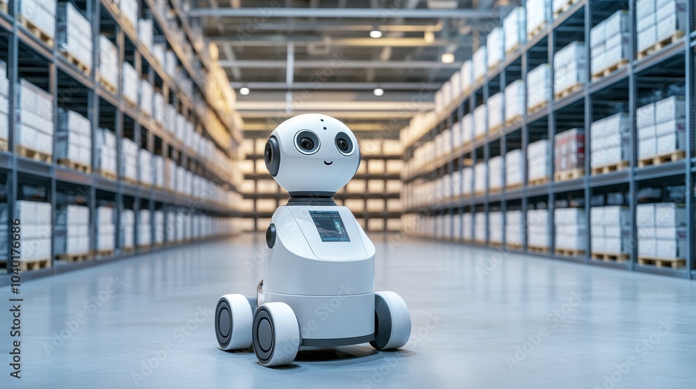 Poster a robot managing inventory in a futuristic logistics center with advanced sorting systems and a clea