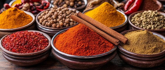Fototapeta premium Exotic Spice Bazaar Vibrant Red Powdered Spice and Cinnamon Sticks in Rustic Bowls on Wooden Surface - Culinary Delight