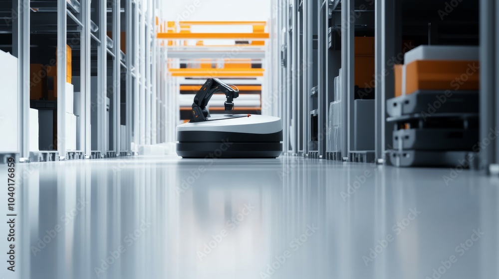 Poster a robot managing inventory in a futuristic logistics center with advanced sorting systems and a clea
