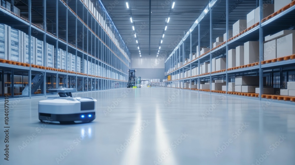 Poster a robot managing inventory in a futuristic logistics center with advanced sorting systems and a clea