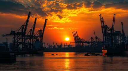 Fototapeta premium A contemporary harbor at the break of dawn, with cranes silhouetted against a fiery sunrise and ships preparing to depart, symbolizing the dynamism of global trade