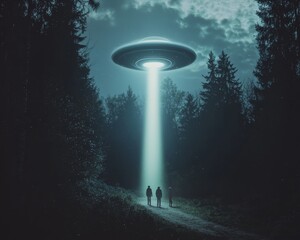 Enigmatic UFO Encounter in Night Forest - Extraterrestrial Exploration and Wonder in Dark Wilderness