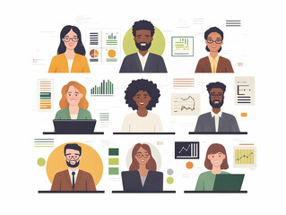 Flat Candid Virtual Meeting Sustainability Team Discussing Eco-Friendly Initiatives Laptops Screens Reflecting ESG Innovations White Background Vector Illustration Business Tone