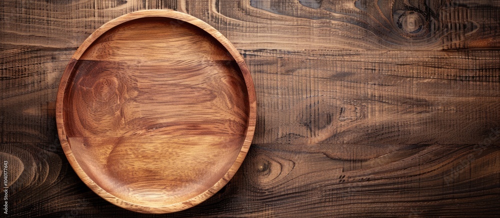Aufkleber view from above of an empty wooden plate on a wooden table with copy space image