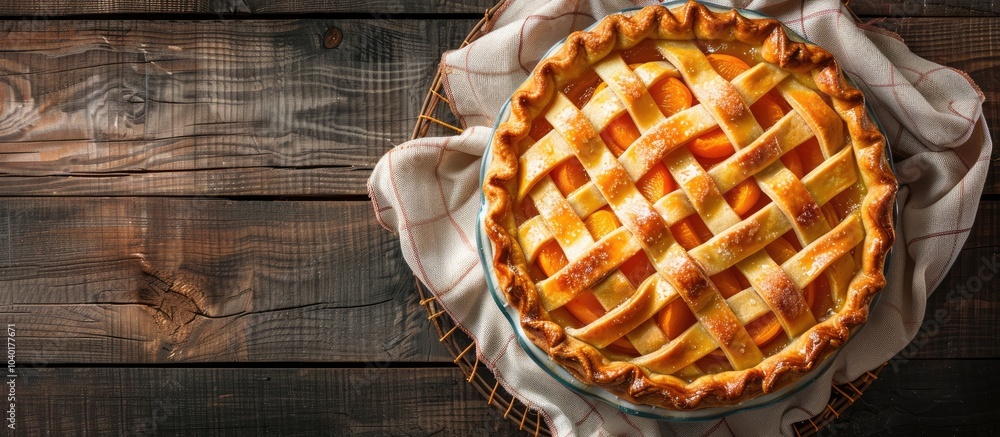 Aufkleber top view of an apricot pie in a baking mold with a suitable area for text known as a copy space imag