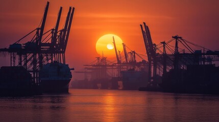 A contemporary harbor at the break of dawn, with cranes silhouetted against a fiery sunrise and ships preparing to depart, symbolizing the dynamism of global trade