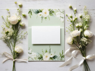 Blank wedding invitation surrounded by watercolor flowers.