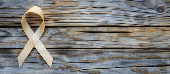 Wooden table top view with a ribbon as a symbol for International Psoriasis Day allowing for copy space image