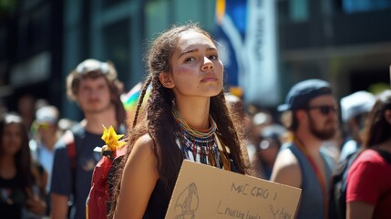 Person, protest and aboriginal with support, march and sign with demands, human rights and freedom. Cardboard, holding paper and indigenous with group in street, Australia and event for justice