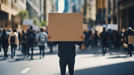 Person, protest and aboriginal with support, march and sign with demands, human rights and freedom. Cardboard, holding paper and indigenous with group in street, Australia and event for justice