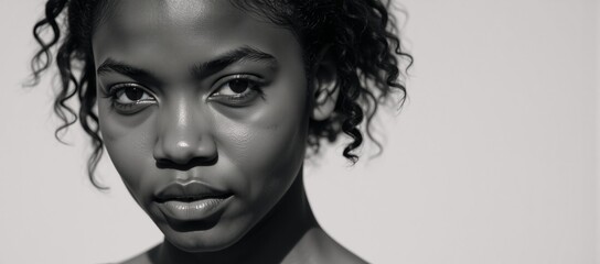 Fototapeta premium Black White portrait showcases an elegant African-American young adult under sunlit natural light with her hair styled up smooth skin and intense gaze